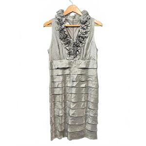 London Times Silver Metallic Romantic Ruffle Tiered Sleeveless Cocktail Dress